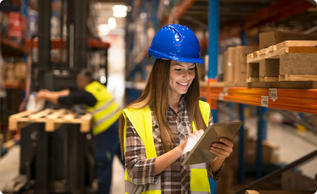 a woman wearing a safety vest and a hard hat