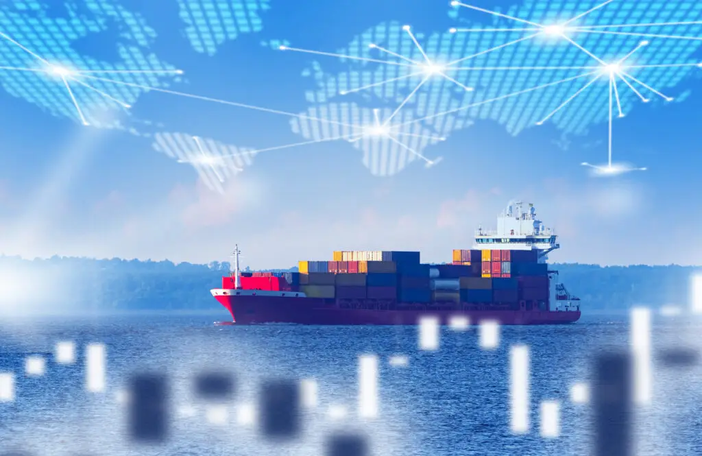 International maritime logistics. Ship with cargo containers. Sea vessel carries goods across ocean. World map with supply chains. Chart price fluctuations for maritime logistics. Ship sails on sea